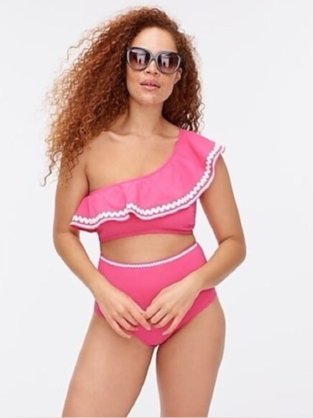 J. Crew Rickrack Pink One-Shoulder Ruffle High-Waisted Swim Bikini Set XS